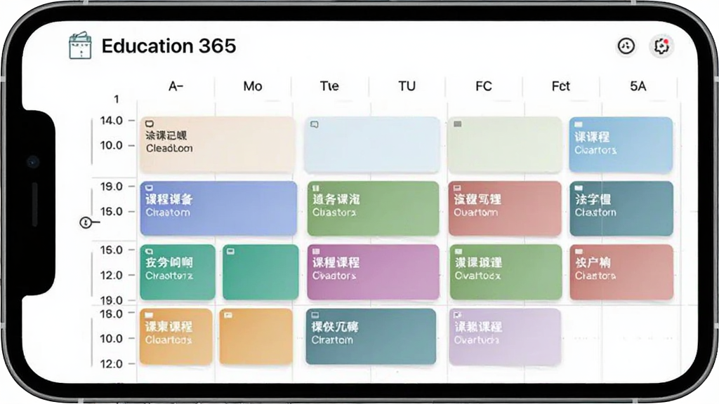 Education 365 课程表管理界面,主体为手机屏幕显示一周课程网格,布局为横向星期栏加纵向时间轴,课程卡片用不同颜色区分,排版整齐,风格清爽简约,细节包含课程名称和教室信息,画质干净无多余元素
