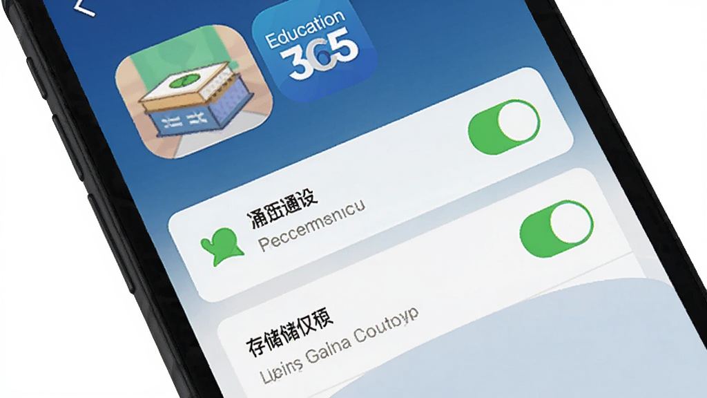 Education 365 移动端安装设置界面,主体为手机屏幕显示权限管理页面,布局为顶部应用图标加下方权限开关列表,排版清晰,风格简约现代,细节包含通知和存储权限选项,画质干净无多余元素