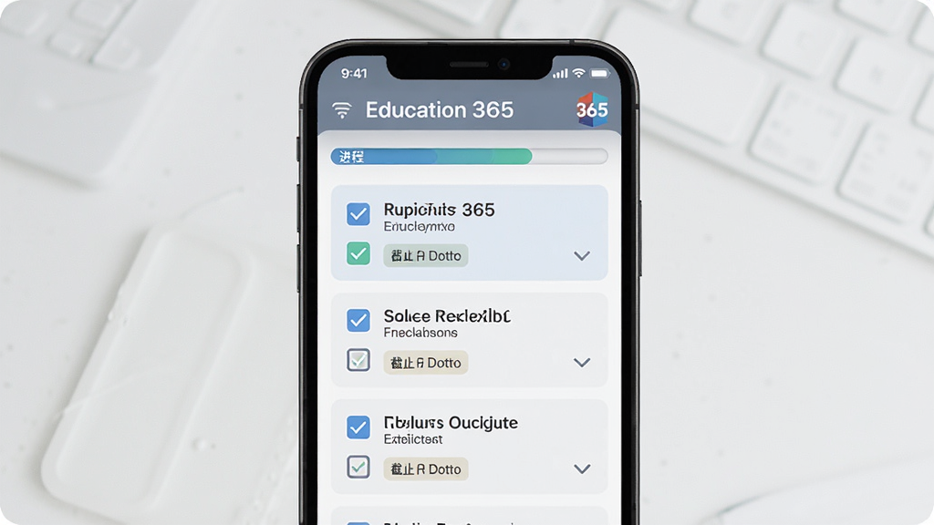 Education 365 学习任务跟踪界面,主体为手机屏幕显示任务列表,布局为顶部进度条加下方任务卡片,排版清晰,风格现代扁平,细节包含勾选框和截止日期标签,画质干净无多余元素