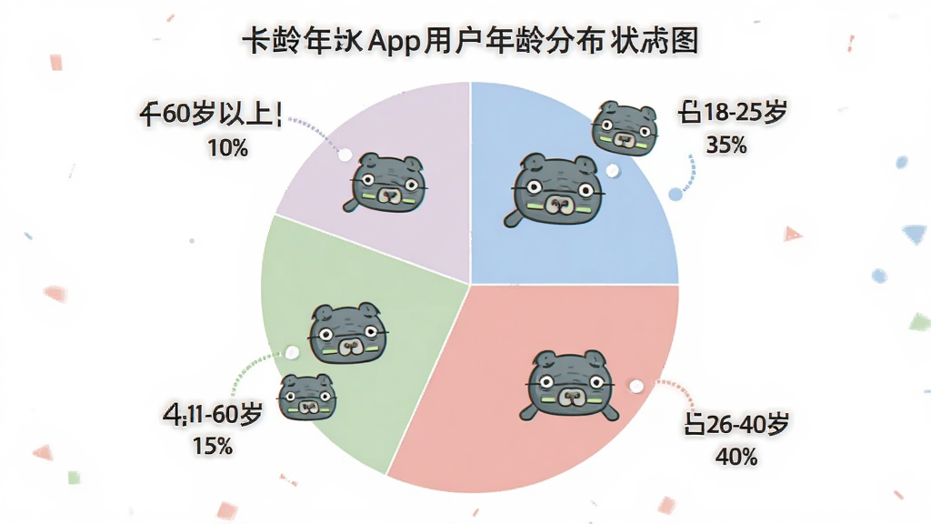 һ��չʾ��Ƥ����App�û�����ֲ��ı�״ͼ�������Ǳ�ͼ�������ϱ�ͼ��Ϊ�Ŀ飬�ֱ��ע18-25��ռ��35%��26-40��ռ��40%��41-60��ռ��15%��60������ռ��10%���Ű�Ϊ��Ϣͼ����񣬷�������죬ϸ���ϱ�ͼ��ɫ��ͣ����п�Ƥ����Сͷ��װ�Σ������������޶���Ԫ��