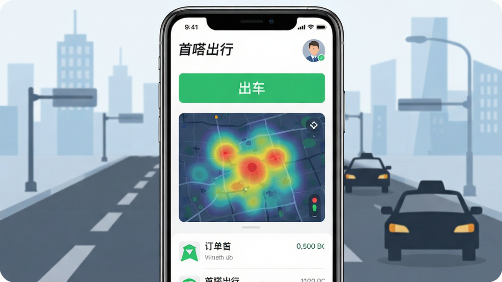 首嗒出行司机端APP主界面展示,画面中央是一部智能手机,屏幕显示首嗒出行APP的首页,顶部有“首嗒出行”文字标识和司机头像,中间是醒目的绿色“出车”按钮和城市热力图,底部是订单列表和导航栏。背景是城市道路和出租车剪影,风格现代扁平化,细节清晰,画质干净,无多余元素。