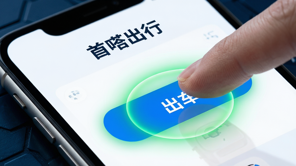 首嗒出行APP功能界面特写,画面展示手机屏幕上的“出车”按钮被手指点击的瞬间,按钮周围有绿色光晕特效,背景是简洁的白色和蓝色界面,上方有“首嗒出行”字样,风格科技感十足,细节锐利,画质高清,无杂乱元素。