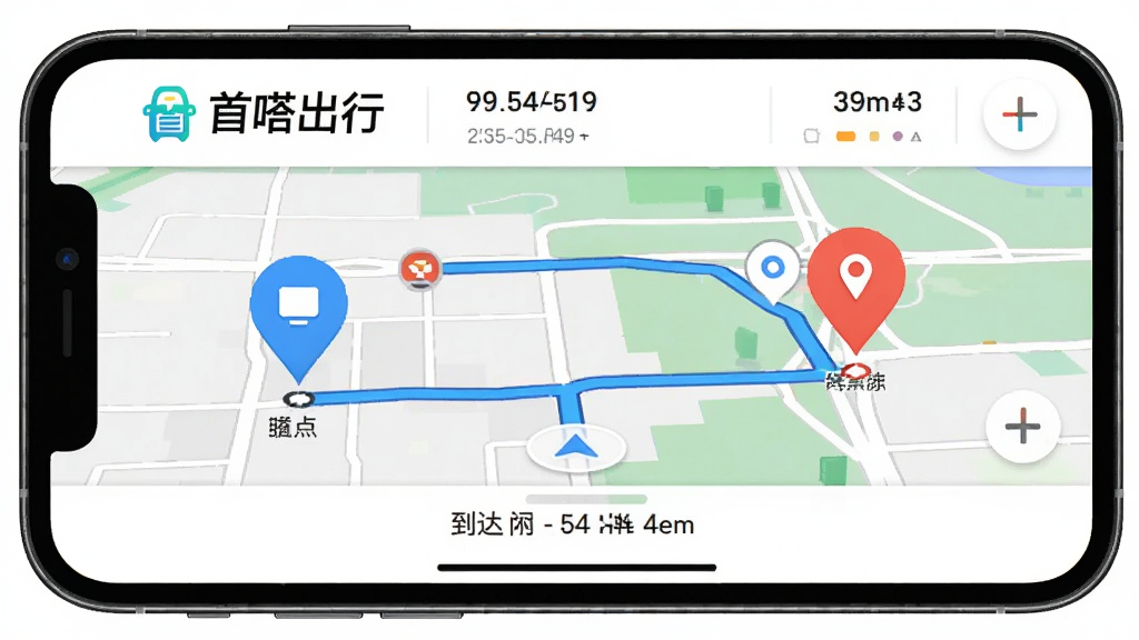 首嗒出行APP导航界面展示,手机横屏显示地图导航路线,起点和终点用醒目标记标出,屏幕上方有“首嗒出行”Logo和当前订单信息,下方有到达时间和距离提示,风格简洁明了,色彩对比清晰,画质干净,无多余装饰。
