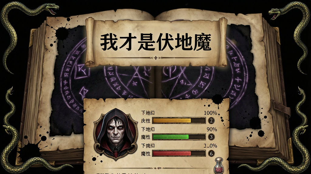 一张手机游戏角色属性面板图,画面中央显示“我才是伏地魔”标题,背景是暗黑魔法书翻开页面,前景有角色头像和各项属性条,布局为竖屏信息面板,排版整齐排列属性数值,风格为复古羊皮纸质感,细节包含蛇形边框和墨迹效果,画质高清干净无多余元素