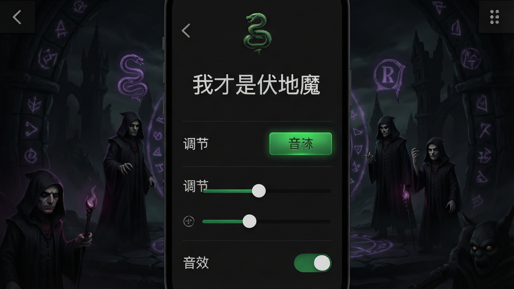 一张手机游戏设置界面图,画面中央显示“我才是伏地魔”标题,背景是暗色魔法主题,前景有画质调节滑块和音效开关,布局为竖屏设置面板,排版分组清晰,风格为暗黑简约UI,细节包含蛇形图标和绿色高亮按钮,画质高清干净无多余元素
