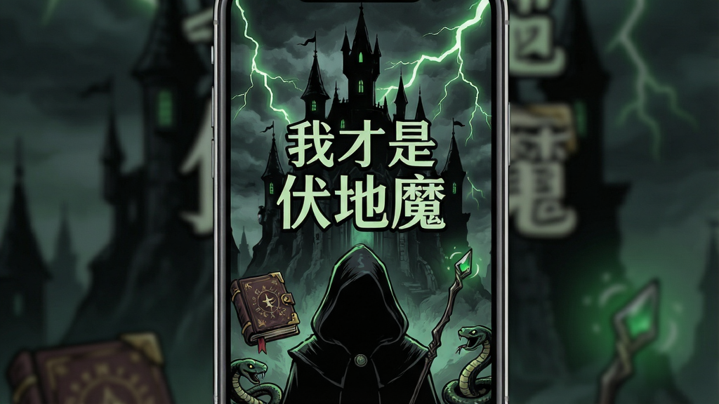 一张手机屏幕画面,画面中央显示“我才是伏地魔”游戏主界面,背景是暗黑魔法风格城堡和绿色闪电,前景有一个戴兜帽的巫师剪影,布局为竖屏手游界面,排版居中突出游戏标题,风格为暗黑奇幻手绘风,细节包含魔法书、魔杖、蛇形装饰,画质高清干净无多余元素