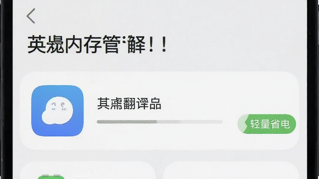 一张手机内存管理界面截图,显示英汉翻译官App占用存储空间极小,旁边有“轻量省电”的标签,界面简洁,风格清爽,画质清晰,无多余元素