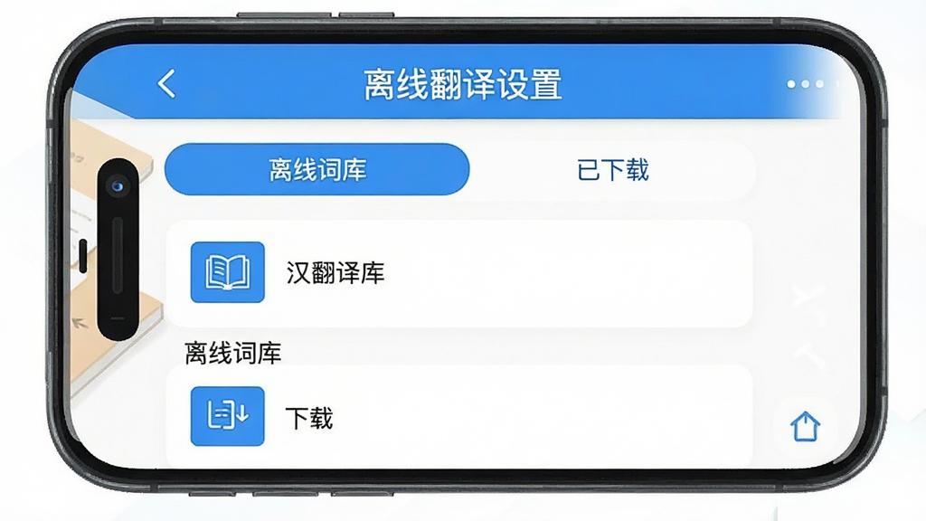 一张手机应用界面截图,展示英汉翻译官App的离线翻译设置页面,页面上有“离线词库”和“已下载”的标签,下方有语言包列表,界面以蓝色和白色为主,风格现代扁平,画质干净,无多余元素
