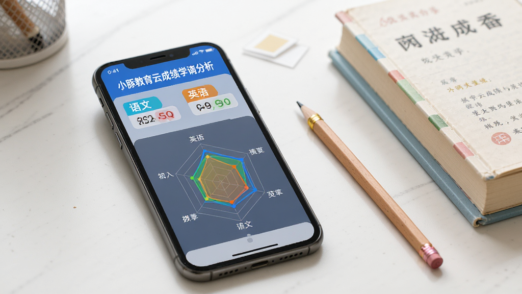 小豚教育云成绩查询与学情分析界面,画面中手机屏幕显示成绩单页面,包含语文数学英语等科目分数和雷达图,图表颜色鲜明,数据清晰,手机旁边有铅笔和书本作为点缀,背景为书桌场景,光线柔和,画质干净,风格清新,无多余元素