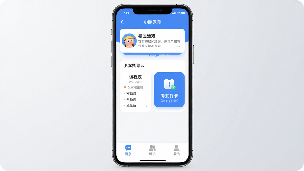 小豚教育云App首页界面全貌展示,画面中央是手机屏幕,屏幕内显示小豚教育云主界面,顶部有校园通知卡片,中间是课程表和考勤打卡入口,底部是消息、班级、我的三个选项卡,界面以蓝色和白色为主色调,风格现代扁平,图标圆润,画质干净清晰无多余元素,背景为浅灰色渐变,突出手机屏幕主体,整体排版简洁清爽