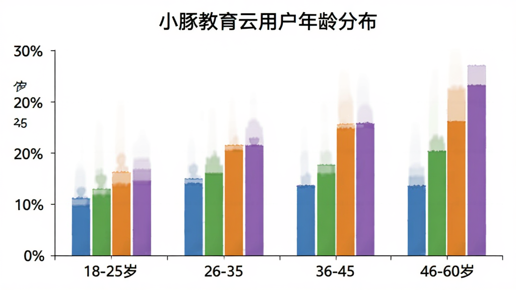 小豚教育云用户年龄分布柱状图,横轴为年龄段18-25岁、26-35岁、36-45岁、46-60岁,纵轴为用户占比百分比,柱状图颜色分别为蓝色、绿色、橙色、紫色,图表标题为小豚教育云用户年龄分布,数据清晰,背景为白色,画质干净,风格简洁专业,无多余元素