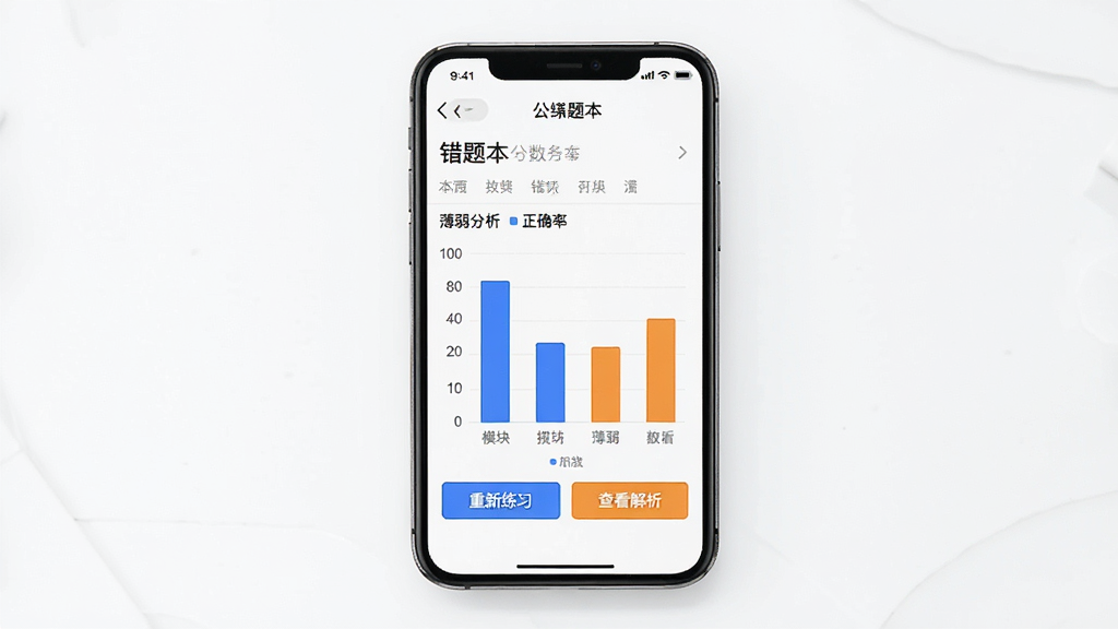 公考公务员题库错题本与数据分析页面展示,画面中央是一部智能手机,屏幕上显示着错题本列表和柱状图形式的薄弱项分析,柱状图用蓝色和橙色区分不同模块的正确率,下方有“重新练习”和“查看解析”两个按钮,界面风格简洁,数据可视化清晰,背景为白色,画质干净无多余元素