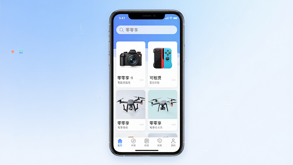 一张展示零零享APP核心界面的产品宣传图,画面中央是手机屏幕,屏幕内显示零零享APP首页,顶部搜索栏写着“零零享”,中间展示各类可租赁物品的卡片,包括相机、游戏机、无人机等,底部导航栏清晰可见,背景是柔和的蓝白渐变,风格现代简洁,画质干净清晰,无多余元素