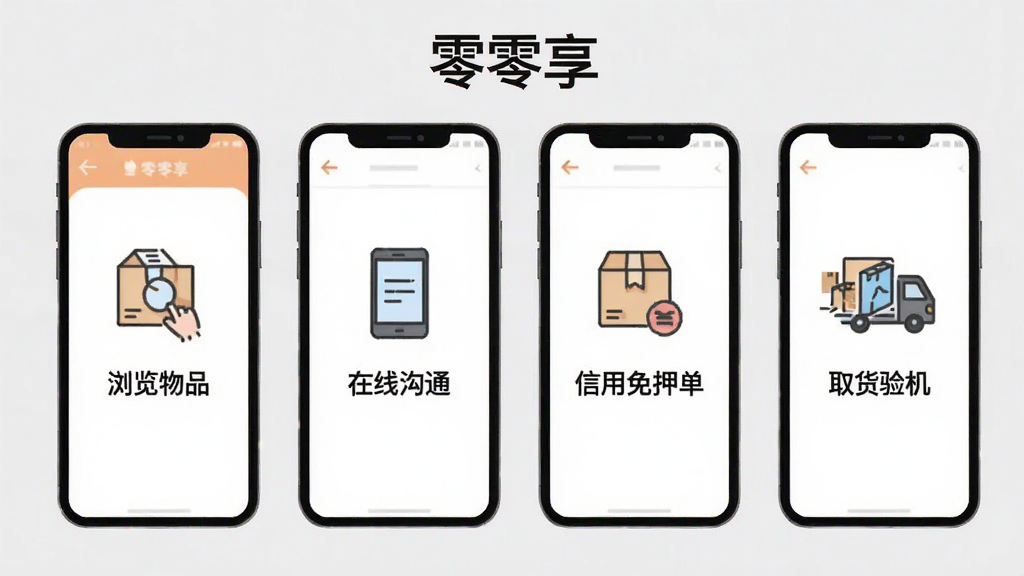 一张展示零零享APP操作流程的示意图,画面中手机屏幕分为四个步骤,分别是浏览物品、在线沟通、信用免押下单、取货验机,每个步骤用简洁的图标和文字标注,背景为浅灰色,风格扁平化,图中带有“零零享”文字,画质干净,无多余元素