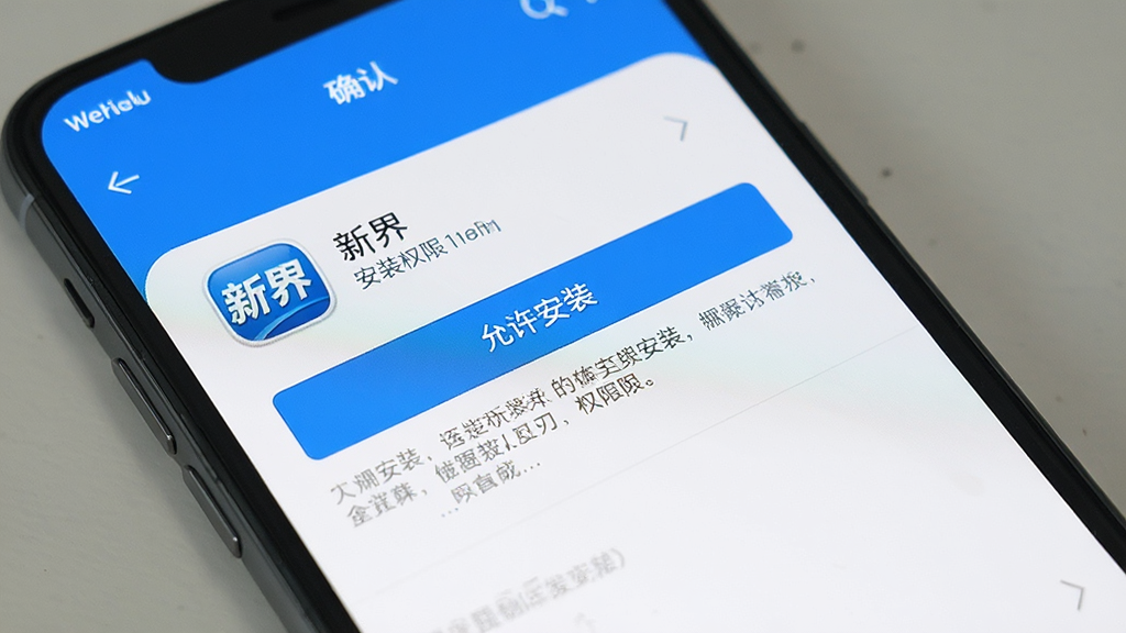 一张展示手机应用安装权限设置界面的图片,画面中手机屏幕显示“新界”应用的安装确认页面,页面内有“允许安装”按钮和权限提示文字,界面风格简洁,以白色和蓝色为主,布局清晰,画质干净,无多余元素