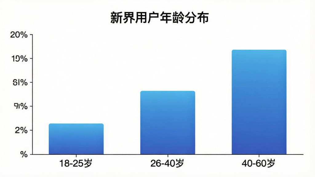 一张展示用户年龄分布柱状图的图片,画面中柱状图横轴为年龄区间“18-25岁”“26-40岁”“40-60岁”,纵轴为百分比,柱状图颜色为蓝色渐变,图表标题为“新界用户年龄分布”,背景简洁白色,画质清晰,无多余元素
