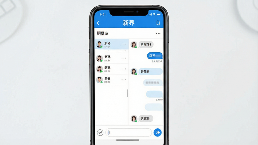 一张展示手机聊天软件界面的图片,画面中央是手机屏幕,屏幕内显示名为“新界”的聊天应用主界面,界面设计简洁,以蓝白色调为主,顶部有“新界”文字标识,中间是好友列表和聊天对话框,底部有输入框和发送按钮,整体布局清晰,风格现代扁平,画质干净,无多余元素