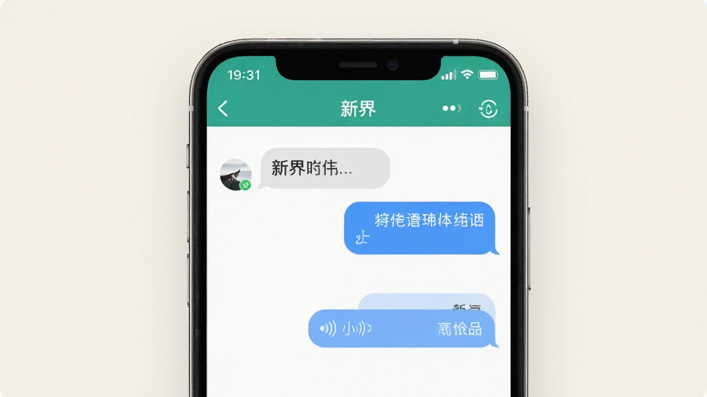 一张展示聊天软件消息发送界面的图片,画面中手机屏幕显示“新界”应用的聊天窗口,窗口内有文字气泡和语音消息条,界面干净无广告,背景为浅色,风格简约现代,画质清晰,无多余元素