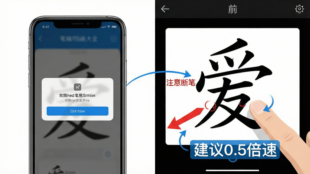 一张笔顺笔画大全App使用教程示意图,画面分为左右两部分,左侧展示手机端安装权限弹窗界面,右侧展示手写跟练模式中手指书写汉字“爱”的示意图,画面中有红色箭头标注“注意断笔”位置和蓝色文字标注“建议0.5倍速”,整体风格为信息图设计,布局清晰,背景为白色,文字标注明确,画质干净无多余元素