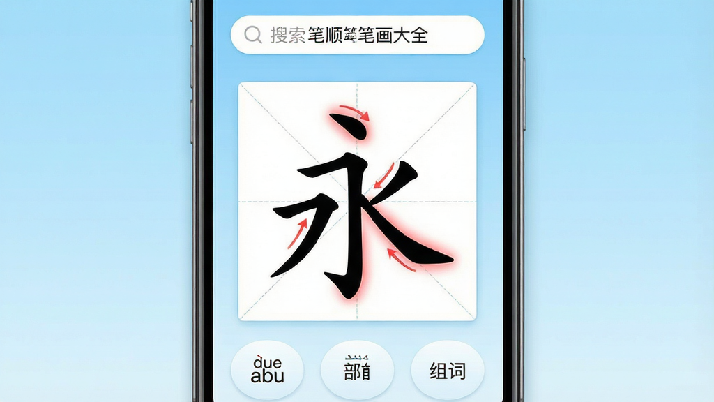 一张手机屏幕展示笔顺笔画大全App的主界面,画面中央是田字格中正在书写汉字“永”的笔顺动画,笔画按顺序高亮显示为红色,屏幕上方有搜索框和“笔顺笔画大全”文字标识,屏幕下方排列着拼音、部首、组词等功能按钮,背景为浅蓝色渐变,整体布局清晰简洁,风格为现代扁平化设计,细节圆润,画质干净无多余元素
