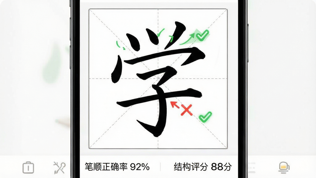 一张笔顺笔画大全App手写跟练界面的截图,画面中手机屏幕上显示田字格内用户手写的“学”字,部分笔画显示为绿色对勾表示正确,一处笔画显示为红色叉号并伴有箭头提示正确方向,屏幕底部有“笔顺正确率 92%”“结构评分 88分”等数据展示,整体风格清爽,背景为白色,文字清晰可辨,画质干净无多余元素