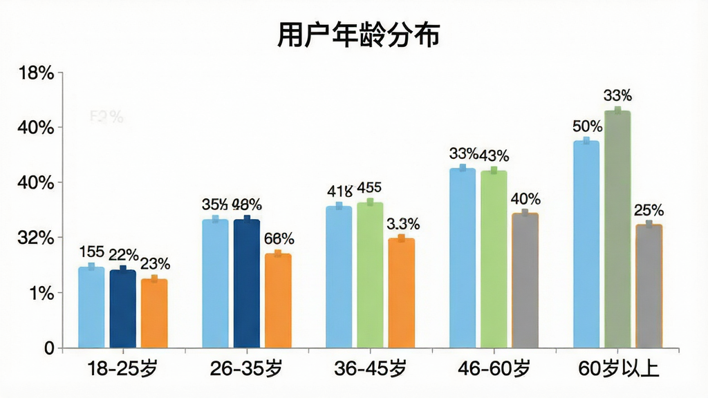 一张笔顺笔画大全App用户年龄分布柱状图,横轴为年龄段“18-25岁”“26-35岁”“36-45岁”“46-60岁”“60岁以上”,纵轴为用户占比百分比,柱状图颜色分别为浅蓝、深蓝、浅绿、橙色、灰色,图表标题为“用户年龄分布”,整体风格简洁明了,背景为白色,数据标签清晰可见,画质干净无多余元素