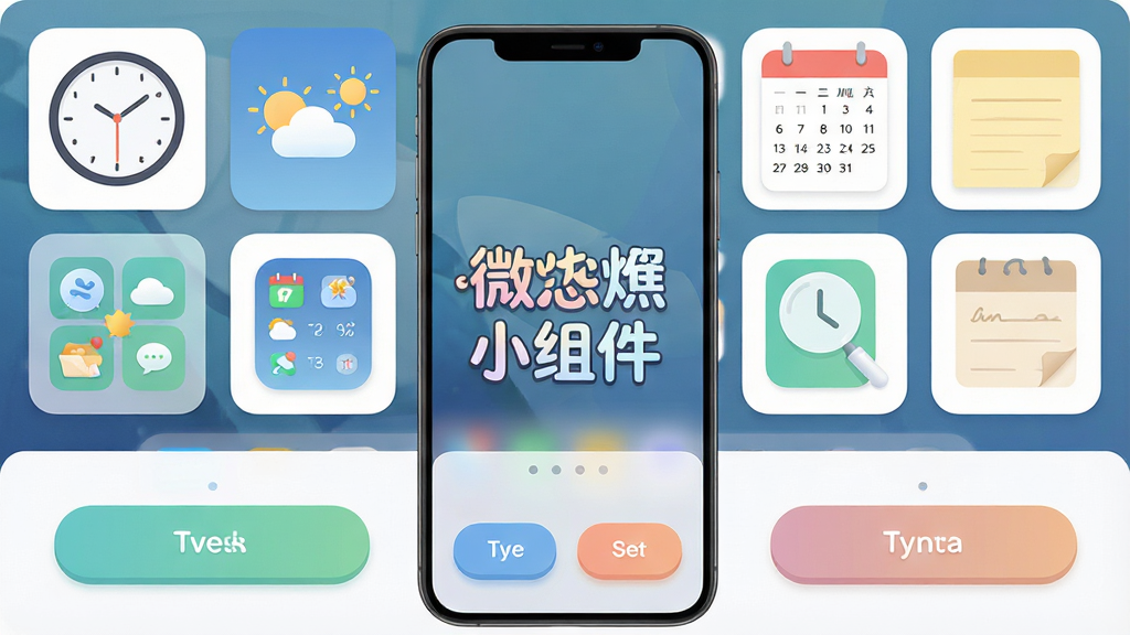 微小组件应用主界面全貌展示,手机屏幕中央显示软件名称“微小组件”艺术字样,周围环绕多种精美桌面小组件预览卡片,包含时钟、天气、日历、便签等元素,整体布局采用上下分层设计,上半部分为组件预览区,下半部分为功能入口按钮,排版整齐有序,风格清新扁平化,细节圆润柔和,画质干净清晰,无多余元素