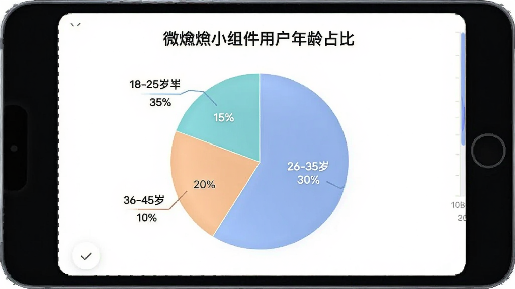 微小组件用户年龄分布饼状图,图表标题为“微小组件用户年龄占比”,显示18-25岁占比35%、26-35岁占比30%、36-45岁占比20%、46-60岁占比15%,配色柔和清晰,布局居中,风格简洁现代,细节明确,画质干净无多余元素