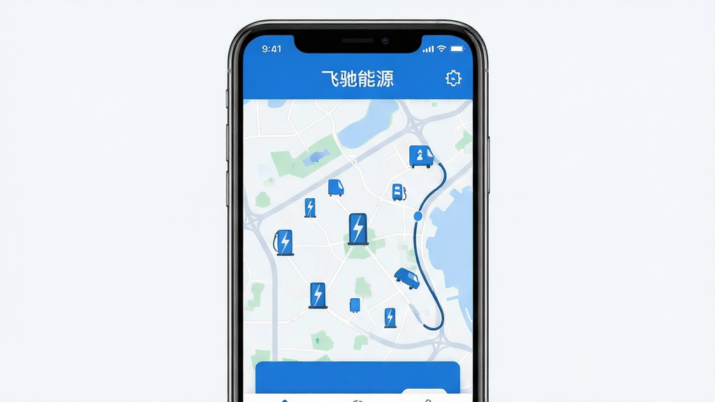 飞驰能源 手机App主界面 展示充电站地图分布 蓝色主题 干净整洁 现代扁平化设计 画质清晰 无多余元素