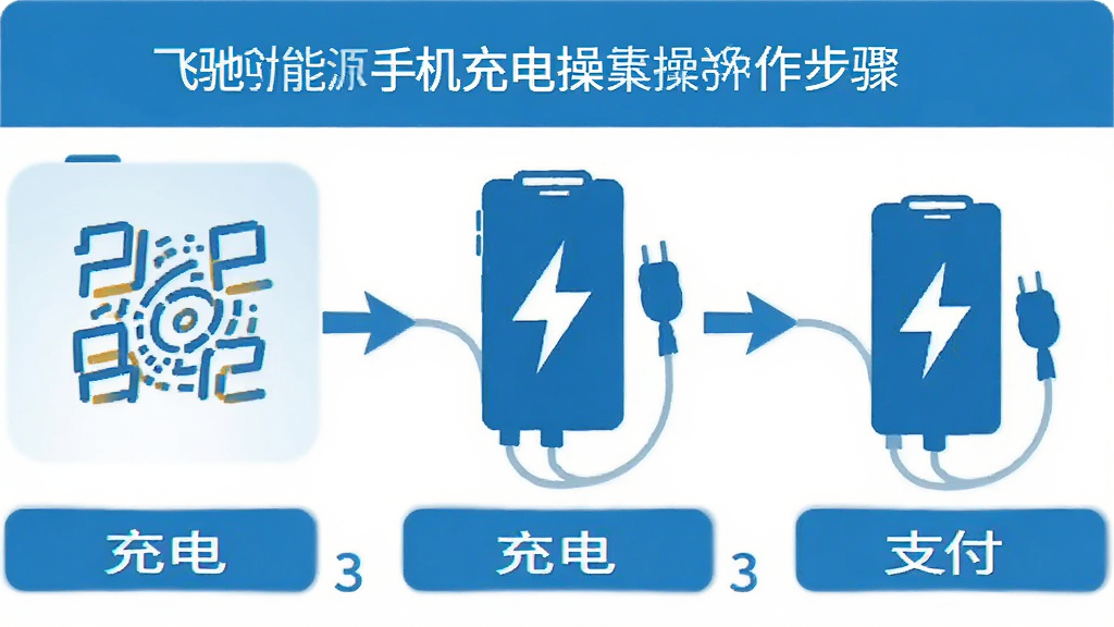 飞驰能源 手机充电操作步骤示意图 扫码 充电 支付三步流程 蓝色扁平化图标风格 简洁明了 画质清晰