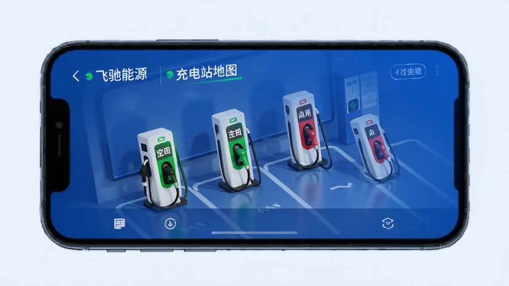 飞驰能源 充电站地图界面 显示绿色空闲桩和红色占用桩 手机屏幕截图风格 蓝色调 布局清晰 现代科技感 画质干净