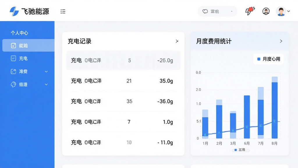 飞驰能源 个人中心页面 展示充电记录列表和月度费用统计图表 蓝色白色主色调 卡片式布局 简洁现代 画质干净无多余元素
