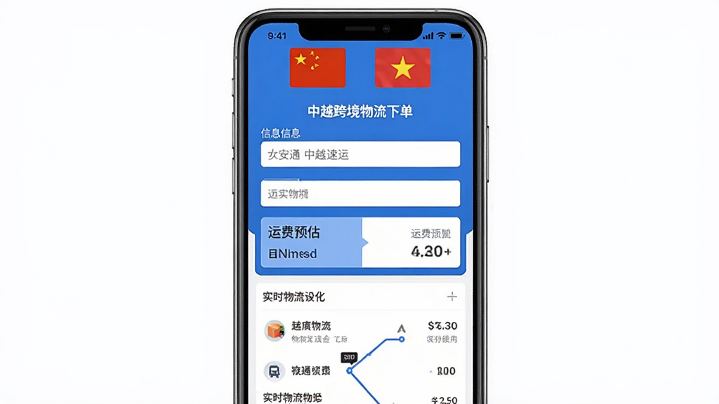 安通中越速运 手机应用主界面截图 画面中央展示中越跨境物流下单页面 顶部有中国和越南国旗图标 中间是包裹信息填写区域和运费预估模块 下方显示实时物流轨迹列表 界面以蓝白配色为主 风格简洁现代 排版清晰 干净无多余元素 高清画质