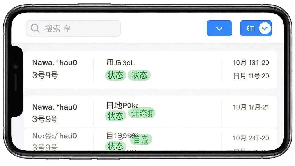 安通中越速运 订单管理列表界面截图 画面展示手机屏幕上的历史订单列表 每条订单显示单号 目的地 状态标签和日期 顶部有搜索框和筛选按钮 界面以白色背景搭配蓝色强调色 风格简约 排版清晰 干净无多余元素 高清画质