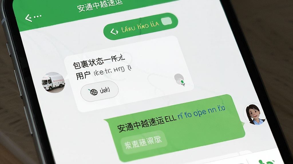 安通中越速运 客服聊天界面截图 画面展示手机屏幕上的在线客服对话窗口 对话框中有中越双语切换按钮 聊天记录显示用户咨询包裹状态和客服回复 界面以白色和绿色为主色调 风格友好 排版清晰 干净无多余元素 高清画质