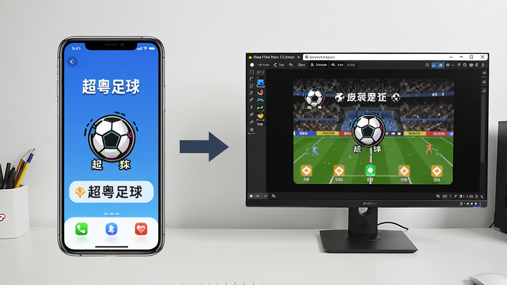 一张展示“超粤足球”在手机和电脑模拟器上同时运行的对比图。画面左侧是一部竖屏手机显示APP界面,右侧是一个电脑显示器显示安卓模拟器运行同款APP的界面。两者之间用箭头连接。背景是干净的书桌。整体风格清晰明了,画质干净,无多余元素。