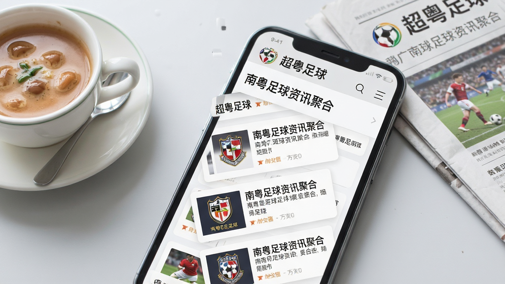 一张展示“超粤足球”资讯页面的特写图。画面主体是手机屏幕,屏幕上显示着“超粤足球”APP的资讯流,标题包含“南粤足球资讯聚合”字样,页面以卡片式布局排列着多条新闻,每条新闻配有球队队徽缩略图。背景是干净的浅灰色,手机旁边放着一杯广式早茶和一份报纸,营造出悠闲看球赛的氛围。整体风格简洁现代,画质干净,无多余元素。