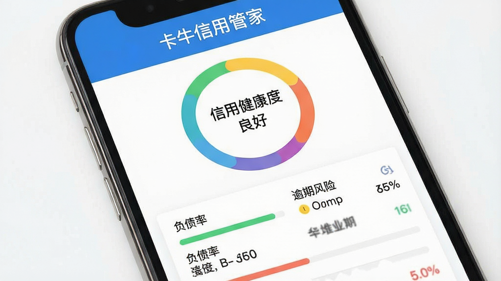 一张手机App截图风格的图片,展示“卡牛信用管家”的信用报告页面。页面中央是一个彩色的环形图,标注着“信用健康度 良好”,下方是几项数据条,包括“负债率”、“逾期风险”等。整体界面设计简洁专业,以蓝白配色为主,图表清晰,文字标签明确,画质干净。