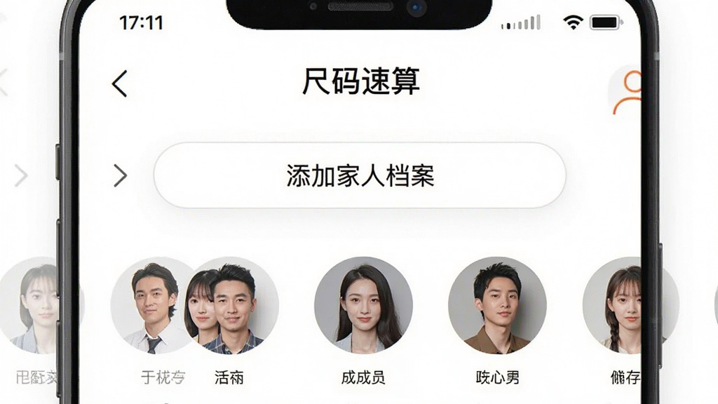 手机屏幕截图,展示“尺码速算”App的极简主界面,画面中央是“添加家人档案”按钮和已保存的成员头像列表,背景纯白,文字清晰,没有任何广告横幅或弹窗,风格极简主义,画质干净,无多余元素