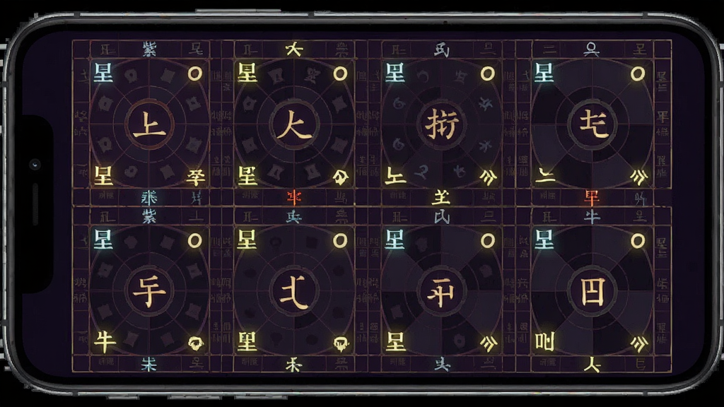 天纪排盘Pro 排盘结果详情页 主体是手机屏幕显示紫微斗数十二宫 每个宫位有星曜名称和亮度 布局为宫格排列 排版清晰 风格传统与现代结合 细节宫位线条细腻 画质高清 无多余元素