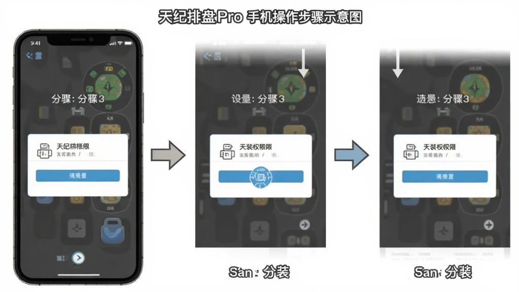 天纪排盘Pro 手机操作步骤示意图 主体是手机屏幕显示安装权限设置界面 布局为分步展示 排版从左到右 风格扁平化 细节有箭头指引 画质清晰 无多余元素
