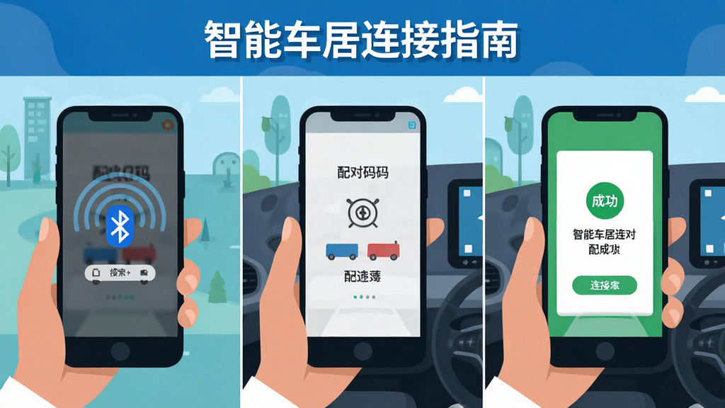 智能车居连接配对操作流程图,画面分为三格,第一格手机搜索蓝牙信号,第二格手机与车机屏幕显示配对码,第三格手机显示连接成功界面,风格为扁平化信息图,色彩明快,画质清晰,图片中文字为