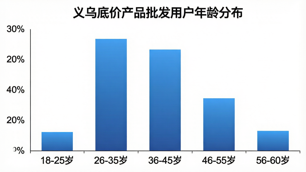 一张柱状图,横轴是年龄段“18-25岁”“26-35岁”“36-45岁”“46-55岁”“56-60岁”,纵轴是百分比,柱子高度分别对应15%、30%、28%、18%、9%,图表标题为“义乌底价产品批发用户年龄分布”,背景是白色,柱子颜色为渐变蓝色,风格简洁数据可视化,画质清晰,无多余元素