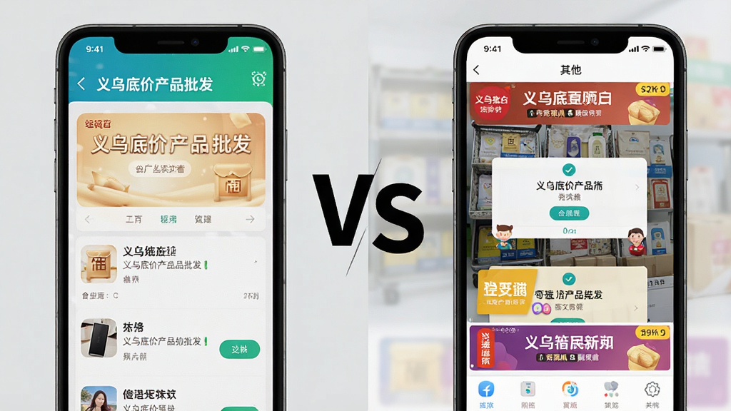 一张手机屏幕对比图,左侧是“义乌底价产品批发”应用界面,干净无广告,右侧是其他类似应用界面,布满弹窗和横幅广告,中间用“VS”分隔,背景是浅灰色,风格直观对比,画质清晰,无多余元素