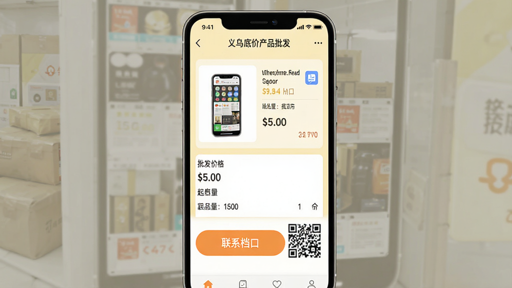 一张手机界面示意图,展示“义乌底价产品批发”应用的商品详情页,页面上有商品图片、批发价格、起批量信息,下方醒目位置有一个“联系档口”按钮和二维码图标,背景是柔和的浅黄色,布局清晰,风格简约,画质干净,无多余元素