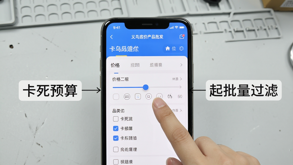 一张手机操作示意图,展示“义乌底价产品批发”应用内筛选功能的操作界面,手指正在点击价格区间滑块和品类勾选框,屏幕旁边有提示文字标注“卡死预算”和“起批量过滤”,背景是浅灰色工作台,风格实用教程风,画质干净,无多余元素