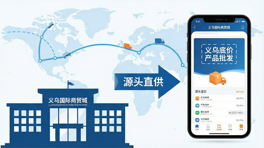 一张信息图风格的插画,画面左侧是义乌国际商贸城的建筑剪影,右侧是一部手机屏幕显示“义乌底价产品批发”应用界面,中间用箭头连接,箭头旁标注着“源头直供”字样,背景是淡蓝色的物流路线图,风格简洁商务,色彩以蓝白橙为主,画质清晰干净,无多余元素