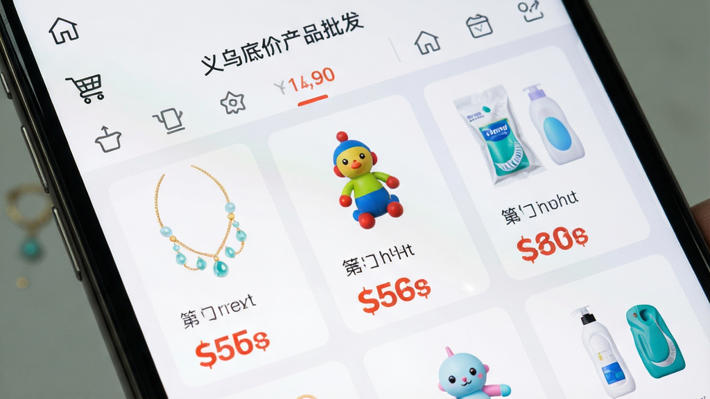 一张手机屏幕特写,画面中央是“义乌底价产品批发”应用的主界面,展示着各类小商品如饰品、玩具、日用品的批发列表,价格标签清晰可见,背景是简洁的白色和浅灰色,布局采用卡片式排列,风格现代扁平,细节上带有购物车和分类图标,画质干净明亮,无多余元素