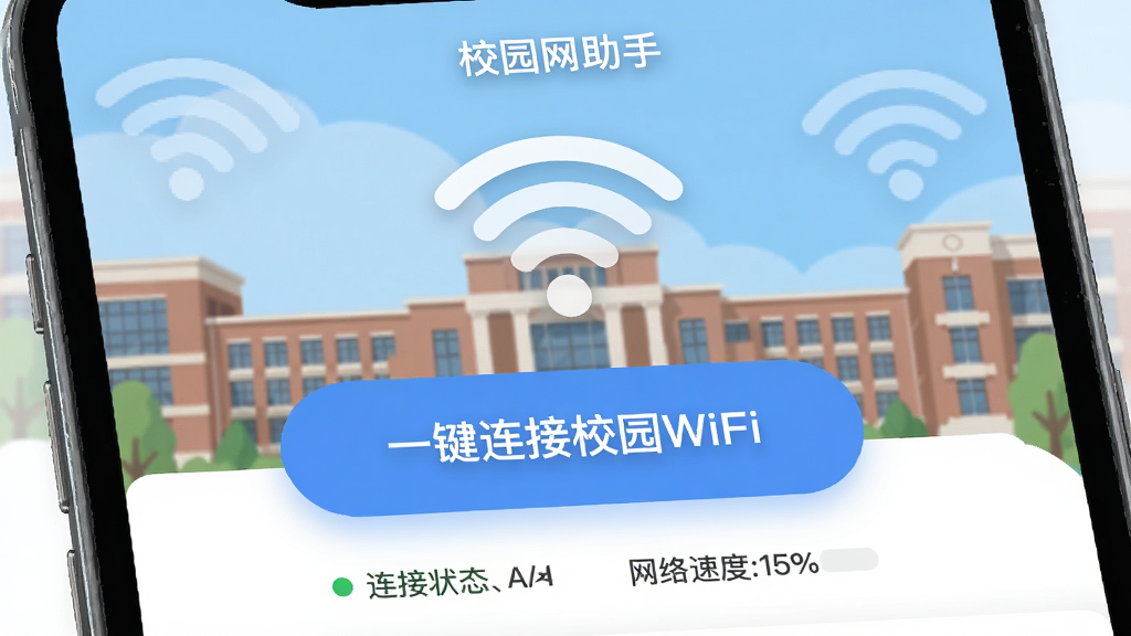 У԰������App������չʾ���ֻ���Ļ������ʾһ������У԰WiFi�Ĵ�ť�������Ǵ�ѧУ԰��ѧ¥��WiFi�źŲ���ͼ�꣬���岼�ּ����������������������У԰�����֣��·�������״̬�������ٶ���ʾ������ִ���ƽ����ϸ��Բ�󣬻��ʸɾ����޶���Ԫ��