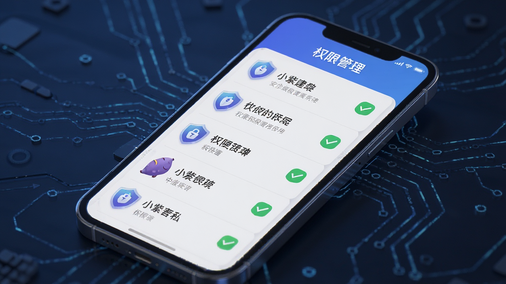 一张安全隐私保护主题图,主体是小紫薯App的权限管理界面,布局为手机屏幕内显示权限列表,排版清晰,风格为安全科技感,细节上带有盾牌图标和绿色对勾标识,画质高清干净无多余元素
